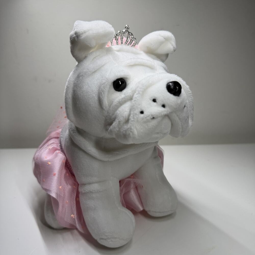 Plush White Bulldog Princess Bride 8" Stuffed Animal Toy Pink Tutu Veil Tiara